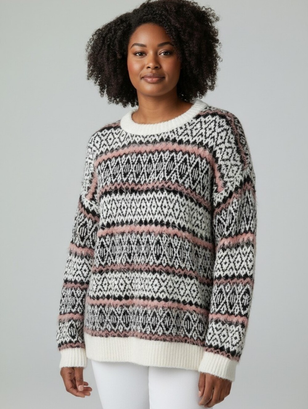 Arizona Jean Company Fair Isle Crewneck Sweater in Cream, Black & Pink XXL